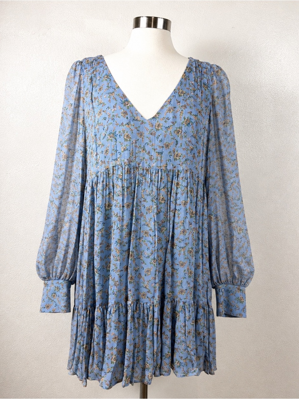 Sézane Aurena Dress Vintage Blue Praire FR 46/US 14 Floral Mini Romantic Boho - Picture 3 of 16